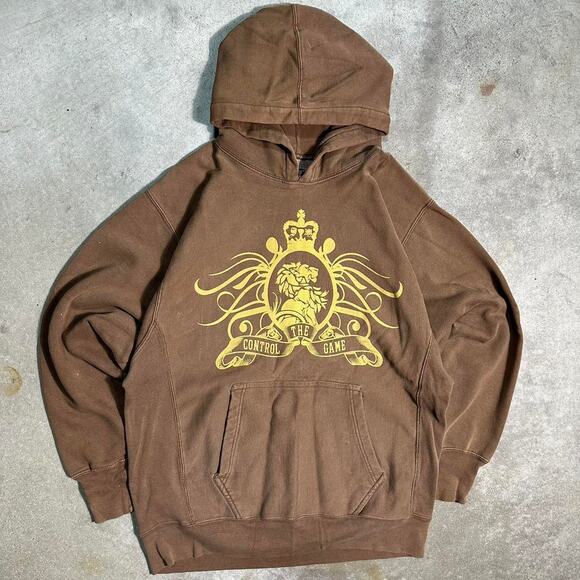 Vintage Y2K Skater Grunge Hoodie Mens Large Brown Tan Yellow Hooded Sweatshirt - Picture 1 of 5